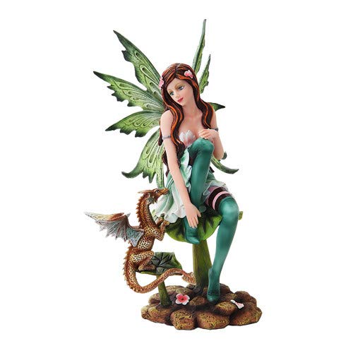 Pacific Giftware PTC 10 Inch Green Winged Fairy Sitting with Baby Dragon Statue Figurine - Image 1