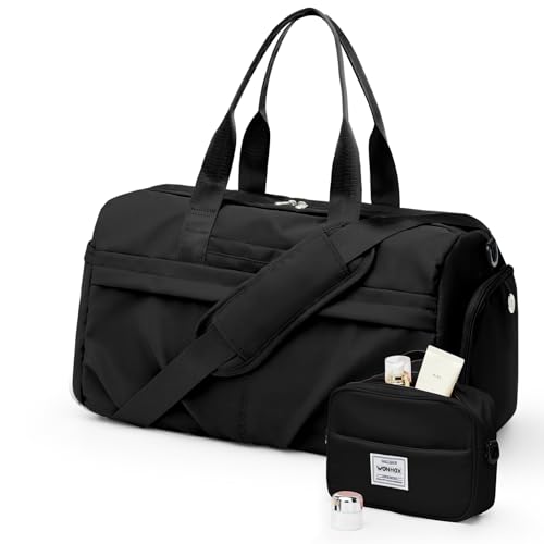 livbote Gym Bag for Women Men, Sport Duffel Bag with Toiletry Bag & Shoe Compartment,Waterproof Travel Weekender Overnight Carry on Bag for Yoga with Trolley Sleeve, Black Set - Image 1