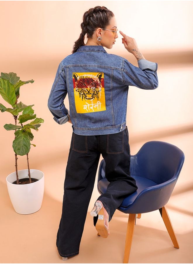 Freehand - Women Street Slim Fit Long Sleeve Back Printed Denim Jacket - Image 1
