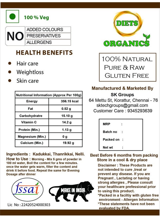 Triphala Powder -100Gms ( 2) Kadukkai, Thanrikkai, And Nellikai 100 G Pack Of 2
