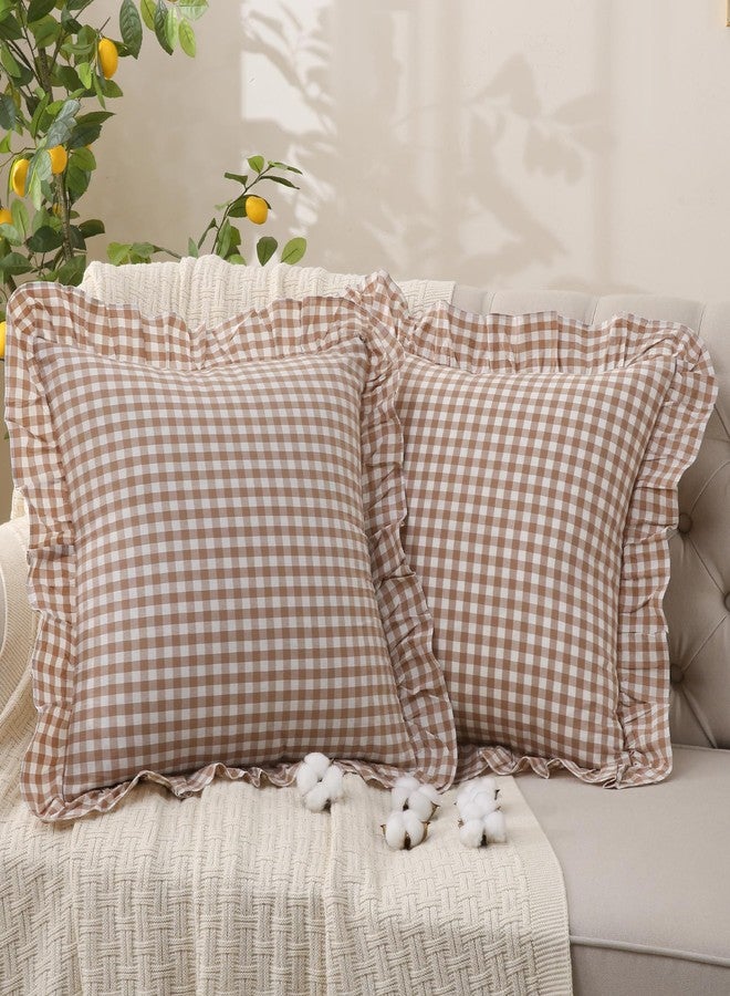YHJWW Tan Gingham Throw Pillow Covers 100% Washed Cotton Like Linen Feel Soft Comfy Ruffle Farmhouse Fall Decorative Pillow Cases Sham Set of 2 for Couch Sofa Bed (20x20 Inches, Zipper Closure) - Image 1