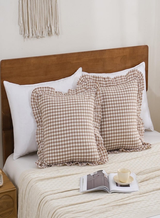 YHJWW Tan Gingham Throw Pillow Covers 100% Washed Cotton Like Linen Feel Soft Comfy Ruffle Farmhouse Fall Decorative Pillow Cases Sham Set of 2 for Couch Sofa Bed (20x20 Inches, Zipper Closure) - Image 3