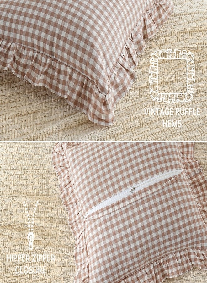 YHJWW Tan Gingham Throw Pillow Covers 100% Washed Cotton Like Linen Feel Soft Comfy Ruffle Farmhouse Fall Decorative Pillow Cases Sham Set of 2 for Couch Sofa Bed (20x20 Inches, Zipper Closure) - Image 5