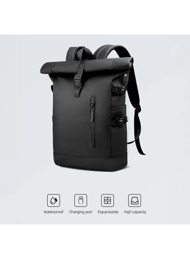 موبكوس حقيبة ظهر كبيرة للسفر من موبكوس، سوداء اللون، موديل 8448، قابلة للتوسيع، مقاومة للماء، مزودة بفتحة علوية قابلة للطي، وحامل كمبيوتر محمول، ومنفذ شحن USB - حقيبة سفر مضادة للسرقة للرجال والنساء، مصنوعة من قماش أكسفورد المتين، سعة قابلة للتوسيع من 18 إلى 27 لترًا، مناسبة للأعمال والأنشطة الخارجية