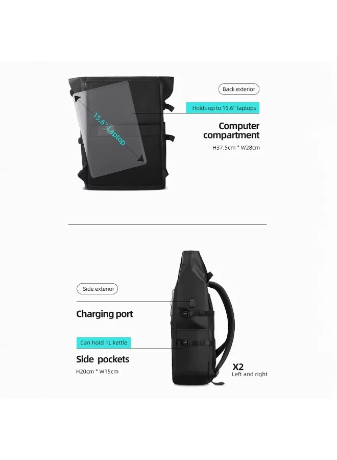Mobcos Mobcos Travel Big Back Pack Black 8448 Mobcos Travel Big Back Pack Black 8448 Expandable Waterproof Roll-Top Laptop Backpack with USB Charging Port – Anti-Theft Travel Backpack for Men & Women, Durable Oxford Leather Material, 18L–27L Expandable Capacity, Business & Outdoor Daypack  | Best Price UAE