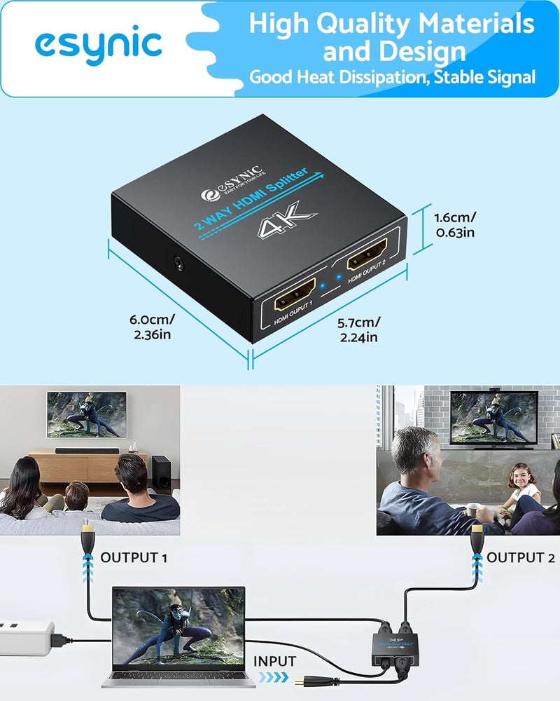 eSynic Portable HDMI Splitter 1 in 2 Out - Metal Case4K @ 30Hz HDCP Bypass Splitter [Only Mirror No Extend Mode] - Supports PS4/Fire Stick/HDTV, Plug & Play 2-Way Display Duplication for Home/Office - Image 3