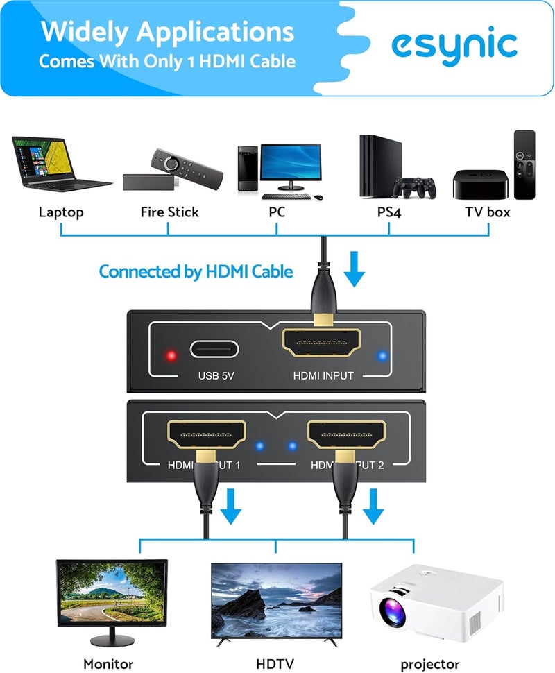 eSynic Portable HDMI Splitter 1 in 2 Out - Metal Case4K @ 30Hz HDCP Bypass Splitter [Only Mirror No Extend Mode] - Supports PS4/Fire Stick/HDTV, Plug & Play 2-Way Display Duplication for Home/Office - Image 2