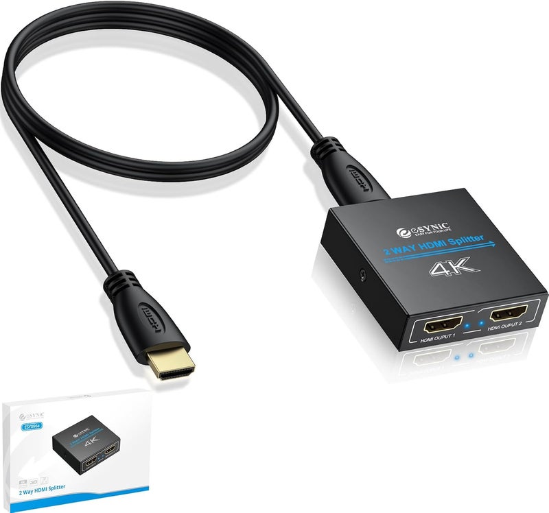 eSynic Portable HDMI Splitter 1 in 2 Out - Metal Case4K @ 30Hz HDCP Bypass Splitter [Only Mirror No Extend Mode] - Supports PS4/Fire Stick/HDTV, Plug & Play 2-Way Display Duplication for Home/Office - Image 1