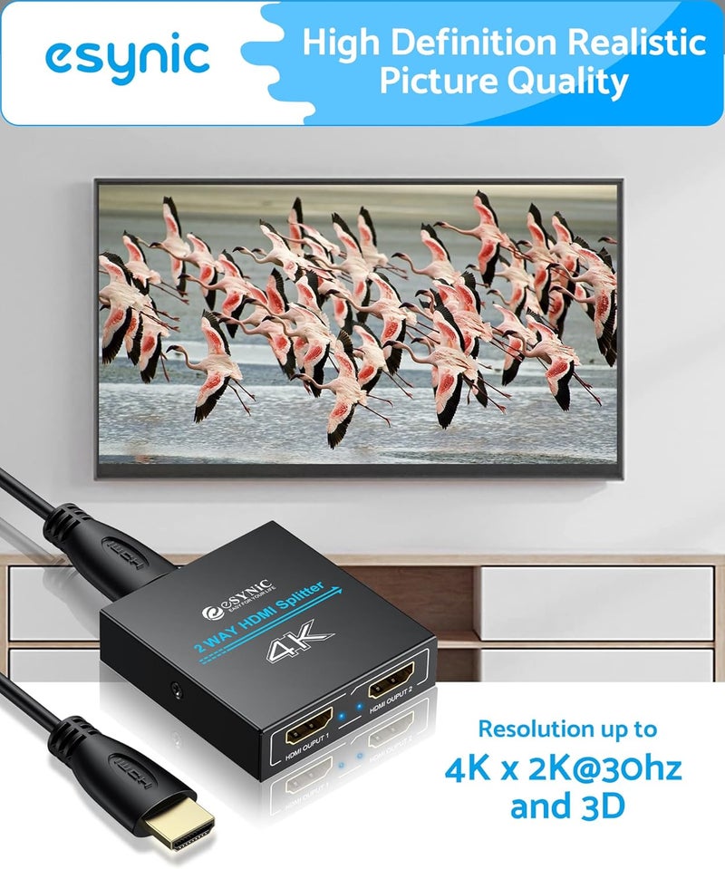 eSynic Portable HDMI Splitter 1 in 2 Out - Metal Case4K @ 30Hz HDCP Bypass Splitter [Only Mirror No Extend Mode] - Supports PS4/Fire Stick/HDTV, Plug & Play 2-Way Display Duplication for Home/Office - Image 4