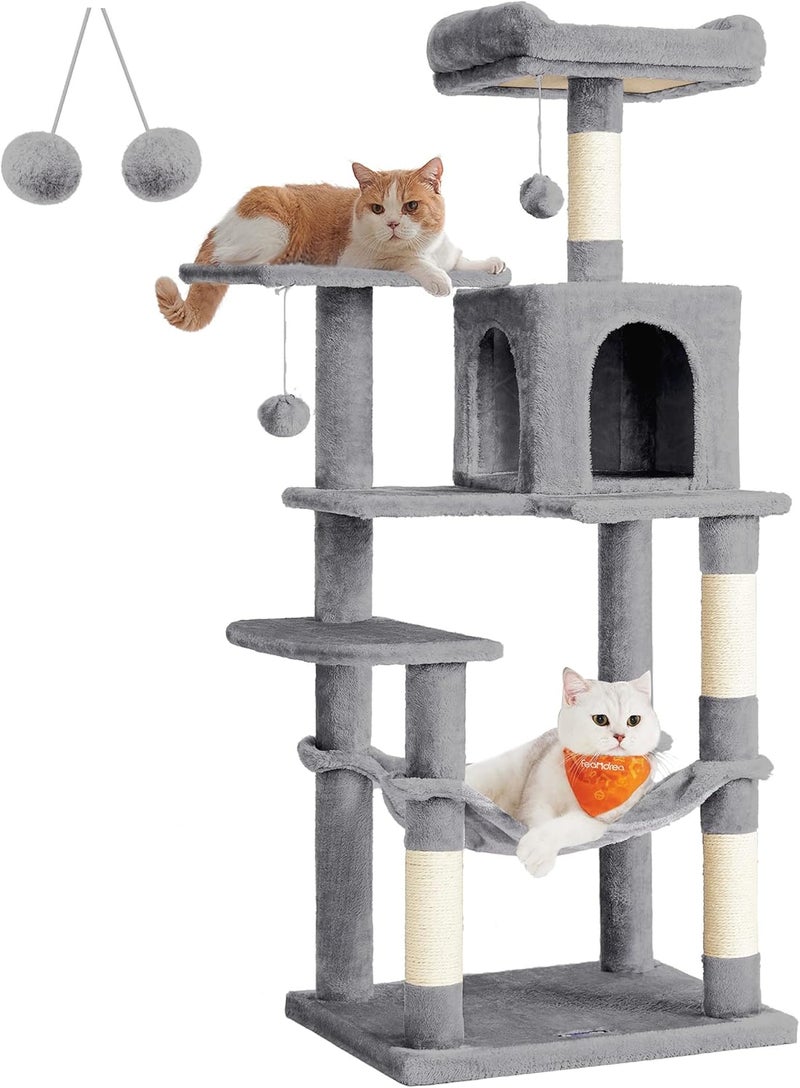 Cat Tree, 56.3-Inch Cat Tower for Indoor Cats, Multi-Level Cat Condo with Scratching Posts, Perches, Hammock and Cave, Light Gray UPCT161W01 - Image 1