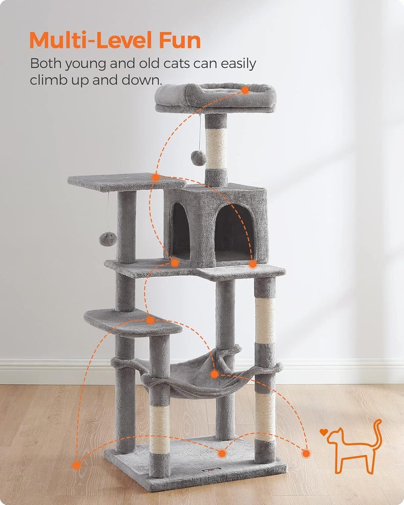 Cat Tree, 56.3-Inch Cat Tower for Indoor Cats, Multi-Level Cat Condo with Scratching Posts, Perches, Hammock and Cave, Light Gray UPCT161W01 - Image 3