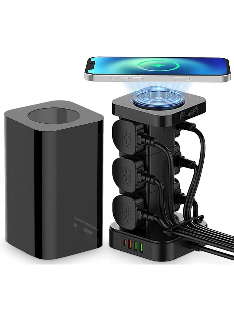 LDNIO LDNIO 6 AC Tower Extension Power Socket with Wireless Charger and Cable Management Box with Lock 4 USB Ports 1 PD 30W 1 QC3.0 18W 2 USB-A 6 Power Ports 2500W (Black)  - Image 1