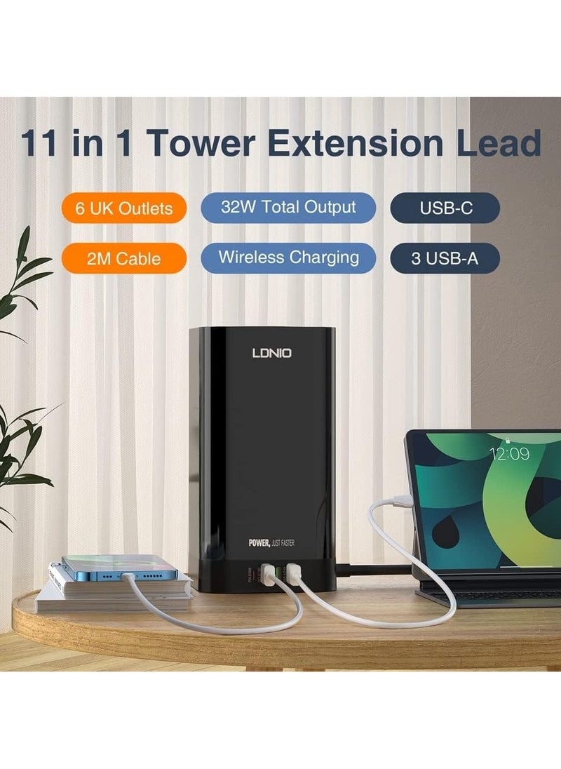 LDNIO LDNIO 6 AC Tower Extension Power Socket with Wireless Charger and Cable Management Box with Lock 4 USB Ports 1 PD 30W 1 QC3.0 18W 2 USB-A 6 Power Ports 2500W (Black)  - Image 2