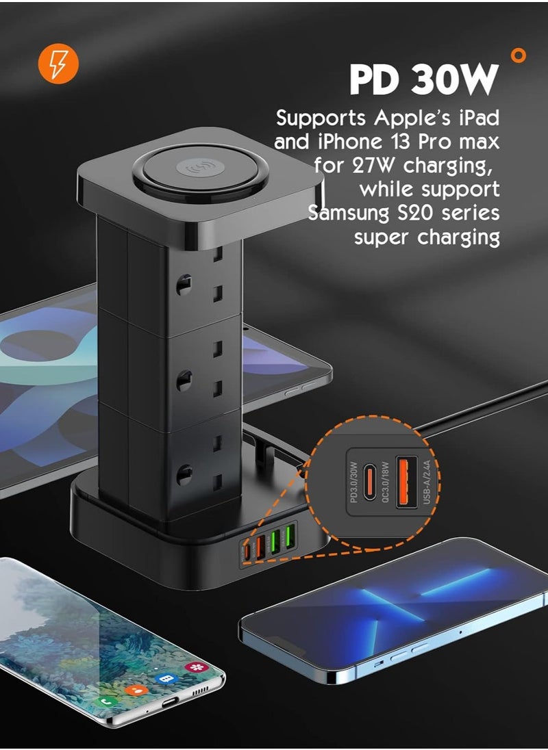 LDNIO LDNIO 6 AC Tower Extension Power Socket with Wireless Charger and Cable Management Box with Lock 4 USB Ports 1 PD 30W 1 QC3.0 18W 2 USB-A 6 Power Ports 2500W (Black)  - Image 3
