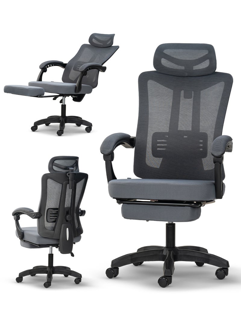 DROGO Ergonomic Office Chair for Work from Home, High Back Computer Chair with Footrest, Breathable Mesh, Linkage Armrest, Adjustable Seat Height, Headrest, & Lumbar Support | Desk Chair with Recline | Mesh Chair for Office Grey - Image 1