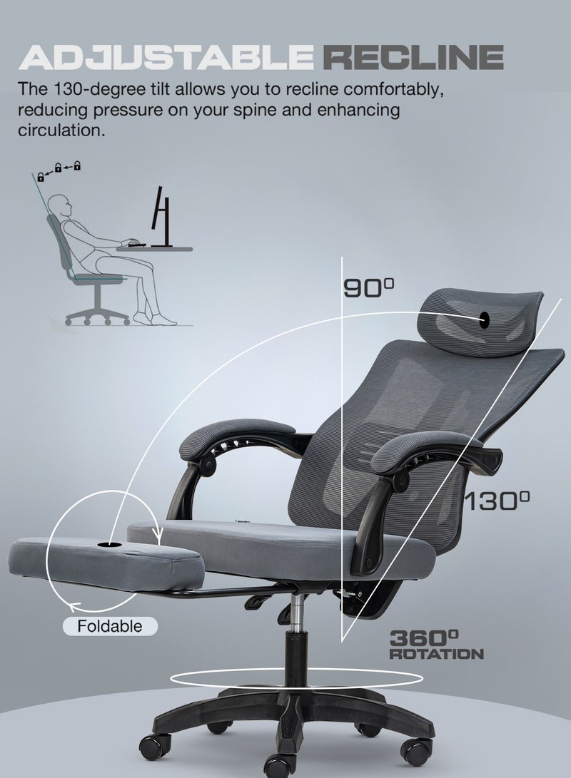 DROGO Ergonomic Office Chair for Work from Home, High Back Computer Chair with Footrest, Breathable Mesh, Linkage Armrest, Adjustable Seat Height, Headrest, & Lumbar Support | Desk Chair with Recline | Mesh Chair for Office Grey - Image 3