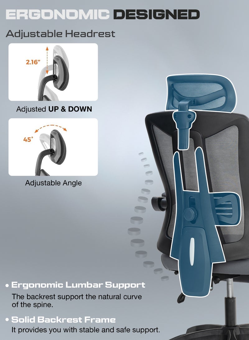 DROGO Ergonomic Office Chair for Work from Home, High Back Computer Chair with Footrest, Breathable Mesh, Linkage Armrest, Adjustable Seat Height, Headrest, & Lumbar Support | Desk Chair with Recline | Mesh Chair for Office Grey - Image 4