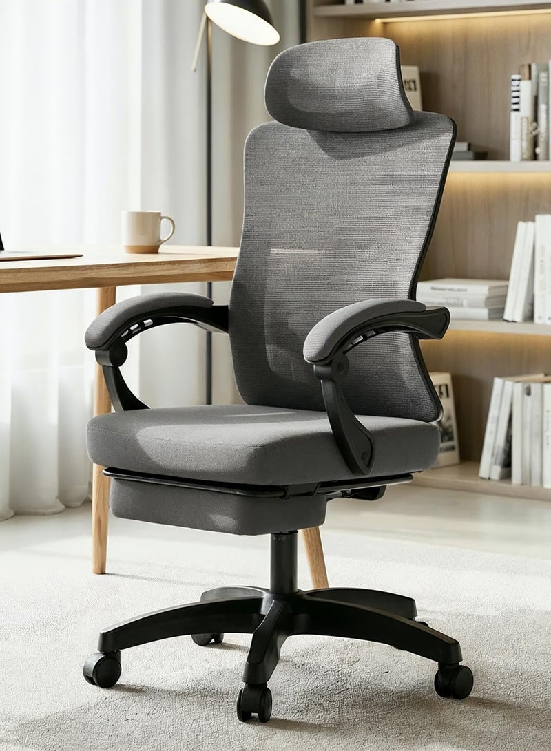 دراجو كرسي مكتب مريح للعمل من المنزل، كرسي كمبيوتر بظهر عالٍ مع مسند للقدمين، شبكة قابلة للتهوية، مسند ذراع قابل للربط، ارتفاع مقعد قابل للتعديل، مسند رأس، ودعم أسفل الظهر | كرسي مكتب مع إمكانية الاستلقاء | كرسي شبكي للمكتب، رمادي - Image 1