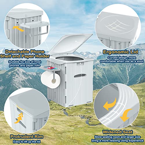 PAHTTO XL Portable Toilet for Adults Extra Large, 15.4"H Foldable Camping Toilet with Detachable Phone Shelf and Toilet Paper Holder, Waterproof Porta Potty with Lid for Camping, Long Road Trips, Car, Gray - Image 2