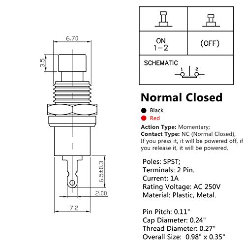 Clyxgs Momentary Push Button Switch，SPST Normal Closed NC Switch 2 Pin Mini Micro 1A 250V AC Black+Red Cap 30 PCS - Image 3