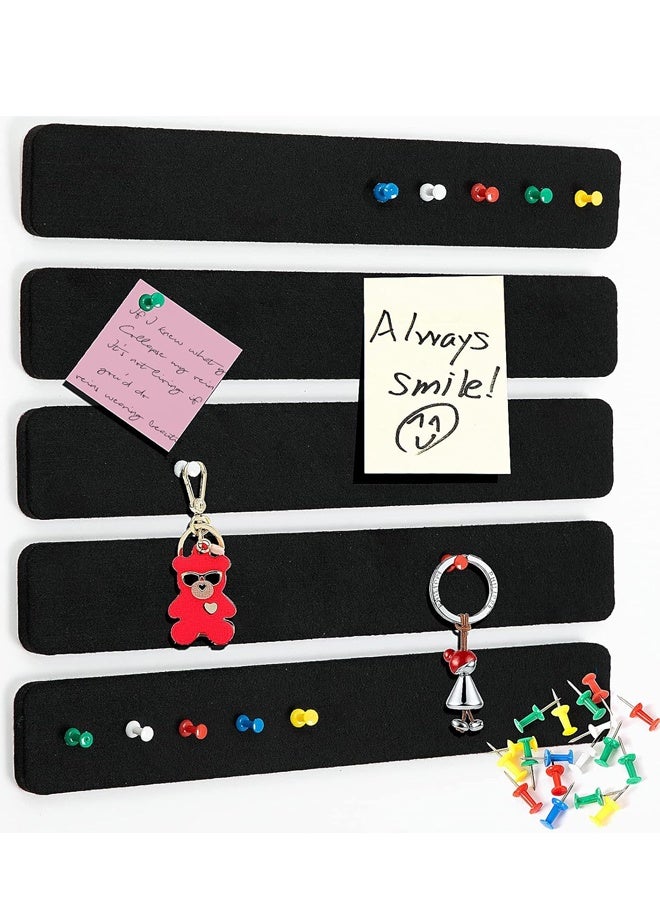 5 Pack Felt Pin Board Bar Strips Bulletin Board for Bedrooms Offices Home Wall Decoration, Notice Board Self Adhesive Cork Board with 35 Push Pins for Paste Notes, Photos, Schedules (Black) - Image 1
