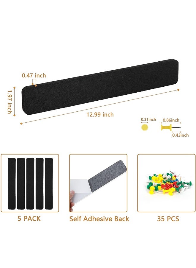 5 Pack Felt Pin Board Bar Strips Bulletin Board for Bedrooms Offices Home Wall Decoration, Notice Board Self Adhesive Cork Board with 35 Push Pins for Paste Notes, Photos, Schedules (Black) - Image 4