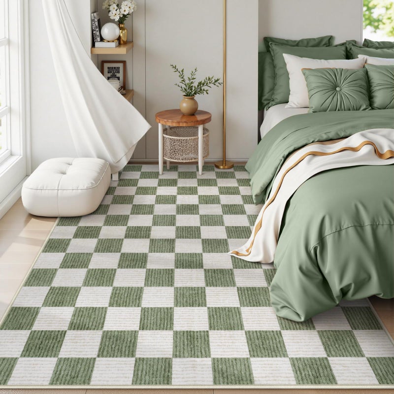 LIVEBOX Machine Washable 5x7 Area Rugs for Living Room Checkered, Non Slip Soft Low Pile Farmhouse Geometric Modern Neutral Playroom Boys Rugs for Bedroom, Large Carpet Rugs for Dining Room(Sage Green,5'x7') - Image 2