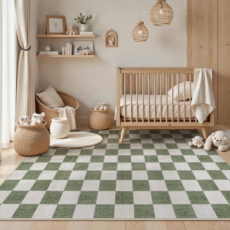 LIVEBOX Machine Washable 5x7 Area Rugs for Living Room Checkered, Non Slip Soft Low Pile Farmhouse Geometric Modern Neutral Playroom Boys Rugs for Bedroom, Large Carpet Rugs for Dining Room(Sage Green,5'x7') - Image 4