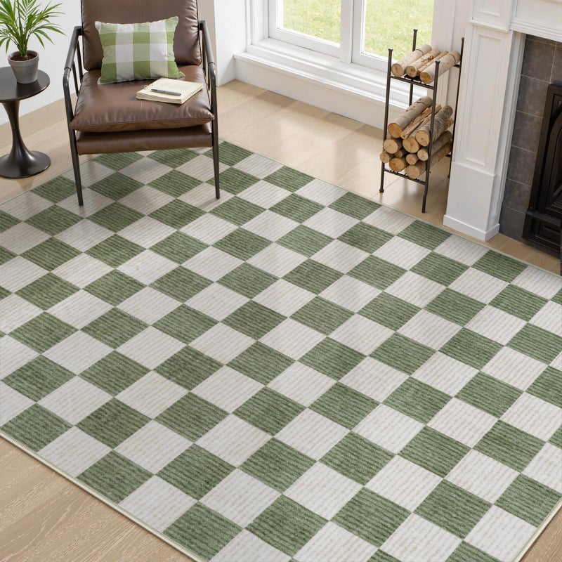 LIVEBOX Machine Washable 5x7 Area Rugs for Living Room Checkered, Non Slip Soft Low Pile Farmhouse Geometric Modern Neutral Playroom Boys Rugs for Bedroom, Large Carpet Rugs for Dining Room(Sage Green,5'x7') - Image 3