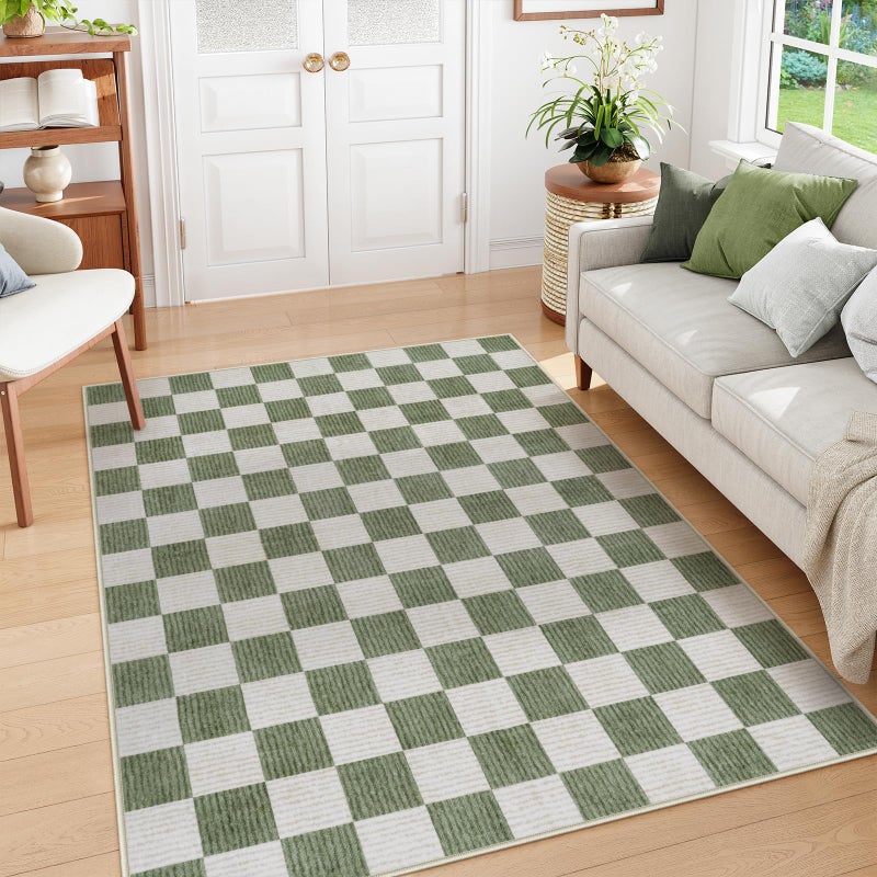 LIVEBOX Machine Washable 5x7 Area Rugs for Living Room Checkered, Non Slip Soft Low Pile Farmhouse Geometric Modern Neutral Playroom Boys Rugs for Bedroom, Large Carpet Rugs for Dining Room(Sage Green,5'x7') - Image 1