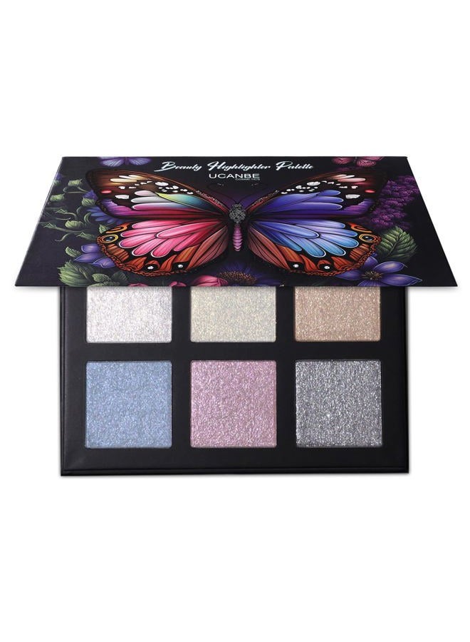 Ucanbe لوحة مكياج هايلايتر للجمال - 6 ألوان بودرة لامعة لوحة مكياج لؤلؤي أبيض أشقر أزرق بنفسجي فضي لوحة إضاءة للوجه مجموعة بلاشر برونزر ناعمة طويلة الأمد مقاومة للماء - Image 1