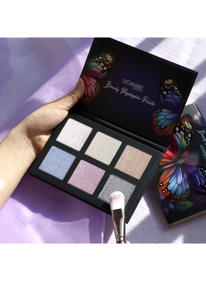 Ucanbe لوحة مكياج هايلايتر للجمال - 6 ألوان بودرة لامعة لوحة مكياج لؤلؤي أبيض أشقر أزرق بنفسجي فضي لوحة إضاءة للوجه مجموعة بلاشر برونزر ناعمة طويلة الأمد مقاومة للماء - Image 2