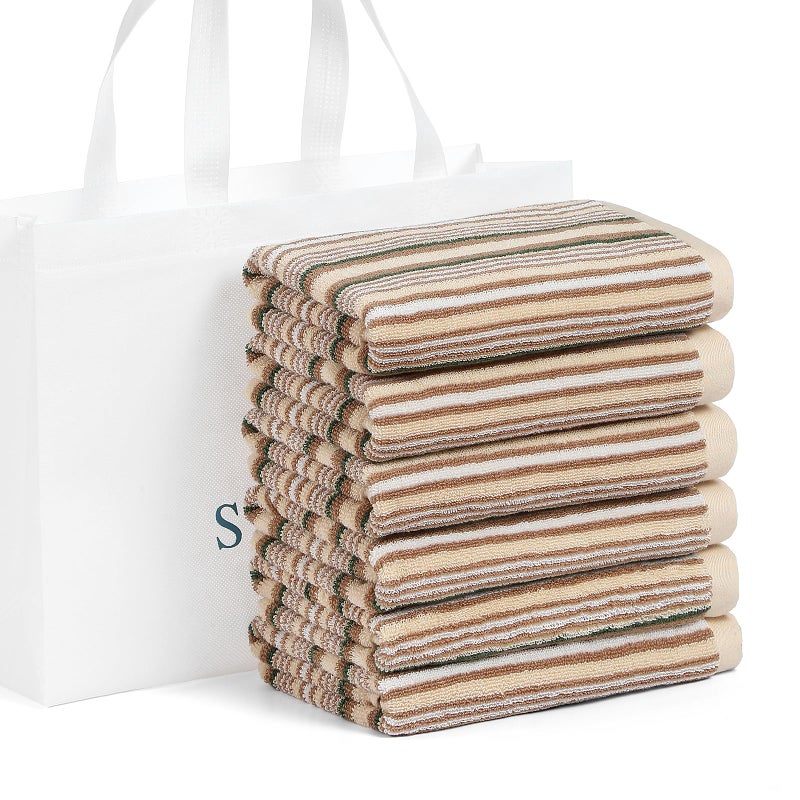 SALAS Premium Kitchen Dish Towels for Drying Dishes  Large Cotton Kitchen Towels  Stripped Terry Dish Cloths  Thick Highly Absorbent Kitchen Towel Sets with Hanging Loop  16"" X 26""  6 Packs Beige - Image 1