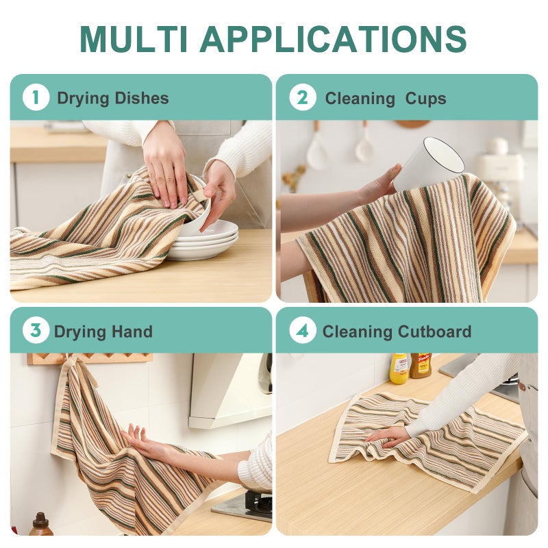 SALAS Premium Kitchen Dish Towels for Drying Dishes  Large Cotton Kitchen Towels  Stripped Terry Dish Cloths  Thick Highly Absorbent Kitchen Towel Sets with Hanging Loop  16"" X 26""  6 Packs Beige - Image 5