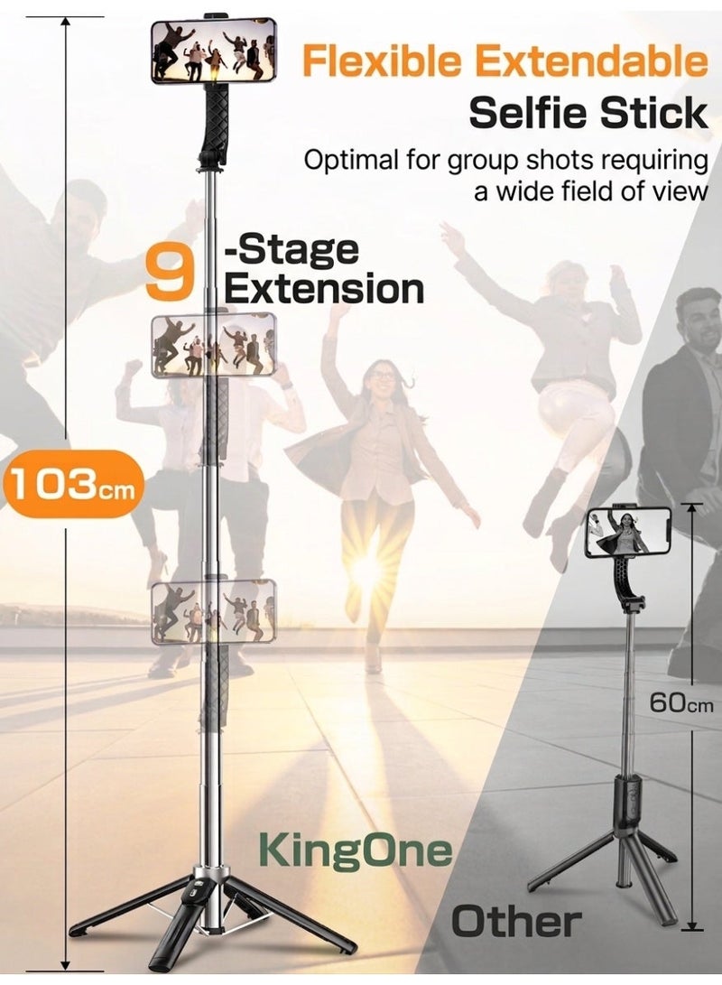 Kingone Ultra Compact Selfie Stick Tripod, 103cm Extendable 4-Leg Phone Stand with Bluetooth Remote, 17.5cm Folded Size, 360° Rotation for iPhone and Android - Image 2