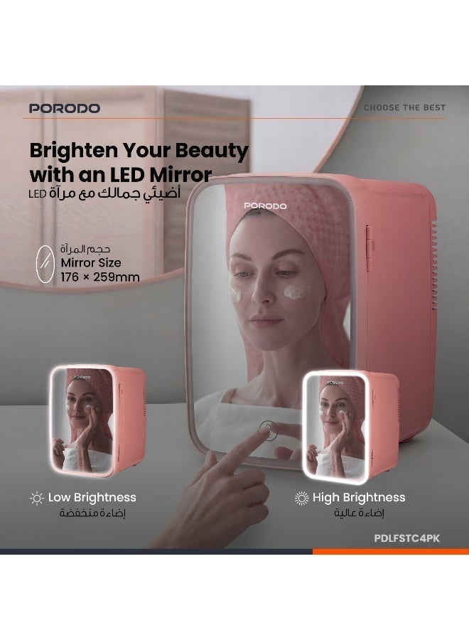 بورودو ثلاجة للعناية بالبشرة مع مرآة LED، ثلاجة مكياج صغيرة سعة 4 لتر، منخفضة الضوضاء، ذات تصميم مناسب للسفر، مثالية للعناية بالبشرة، وغرفة النوم، والسكن الجامعي، والمكتب، والسفر. - Image 2