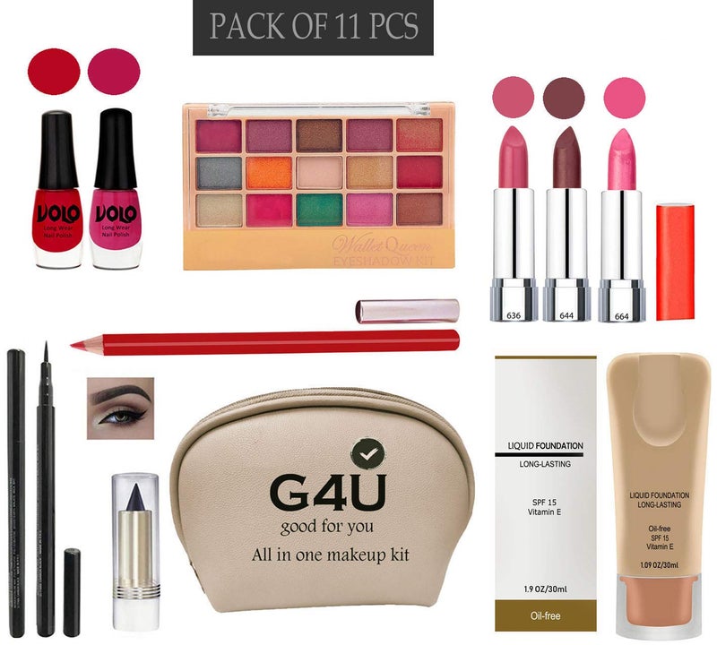 G4U All in One (11 in 1) Makeup Kit With 2 Nail Polishs,3 Lipsticks,Eyeshadow,Penliner,Kajal, Lipliner,Foundation,Pouch 18032021A102 - Image 1