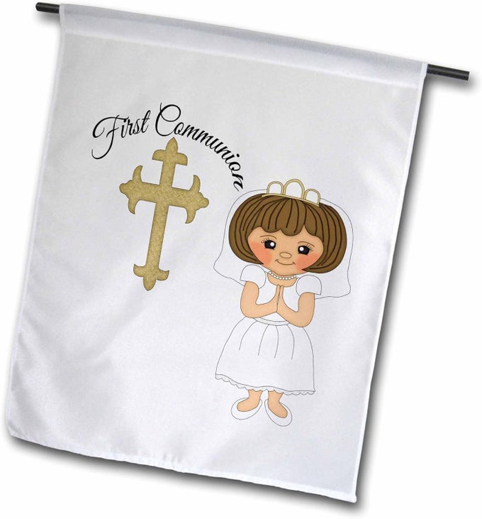 FL_222497_1 FIRST COMMUNION CROSS WITH LITTLE GIRL ILLUSTRATION GARDEN FLAG 12 X 18
