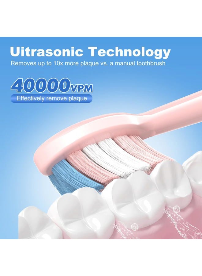JTF Sonic Electric Toothbrush - with Travel Case and 6 Brush Heads, Fast Charging toothbrushes for 60 Days Long Lasting, 5 Modes Power Toothbrush for Women, Pink - Image 2