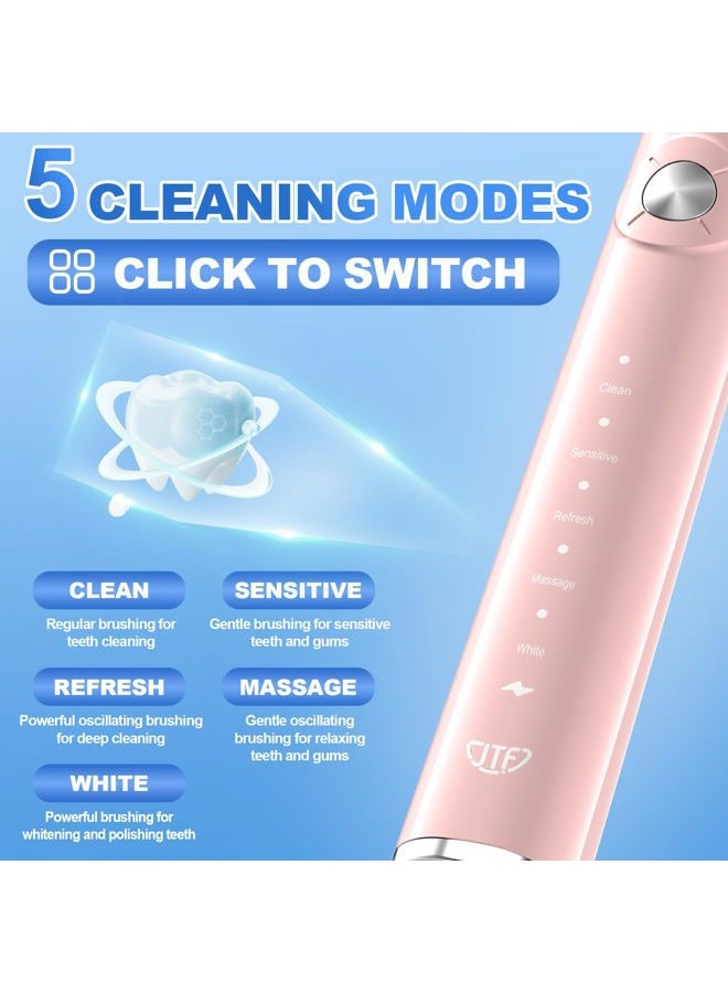 JTF Sonic Electric Toothbrush - with Travel Case and 6 Brush Heads, Fast Charging toothbrushes for 60 Days Long Lasting, 5 Modes Power Toothbrush for Women, Pink - Image 4