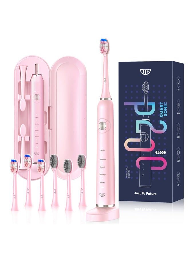 JTF Sonic Electric Toothbrush - with Travel Case and 6 Brush Heads, Fast Charging toothbrushes for 60 Days Long Lasting, 5 Modes Power Toothbrush for Women, Pink - Image 1