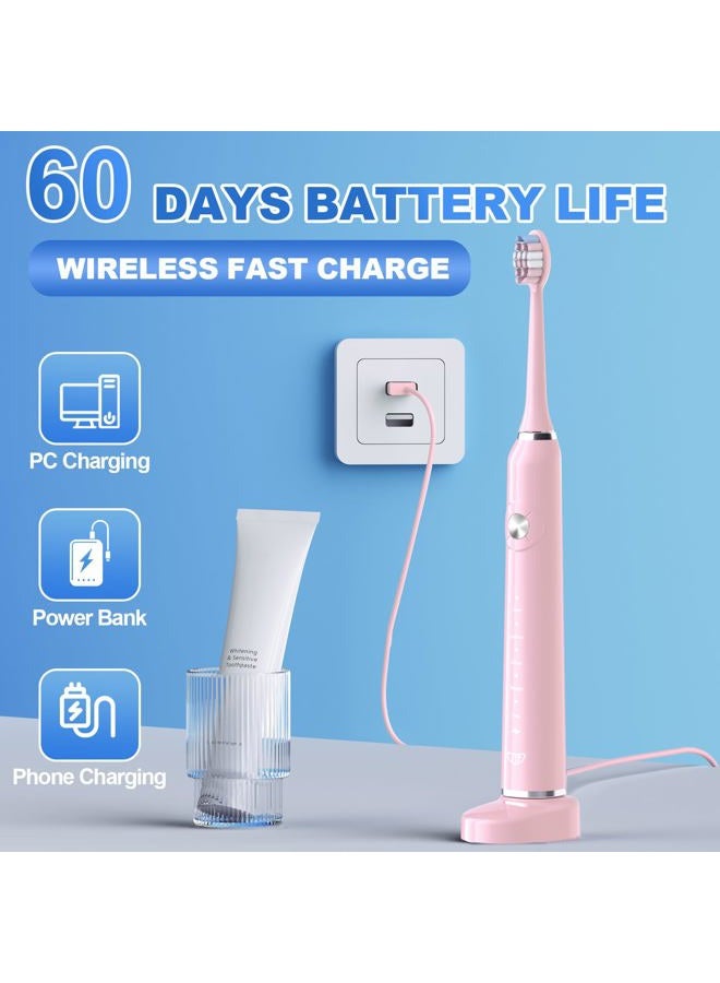 JTF Sonic Electric Toothbrush - with Travel Case and 6 Brush Heads, Fast Charging toothbrushes for 60 Days Long Lasting, 5 Modes Power Toothbrush for Women, Pink - Image 5