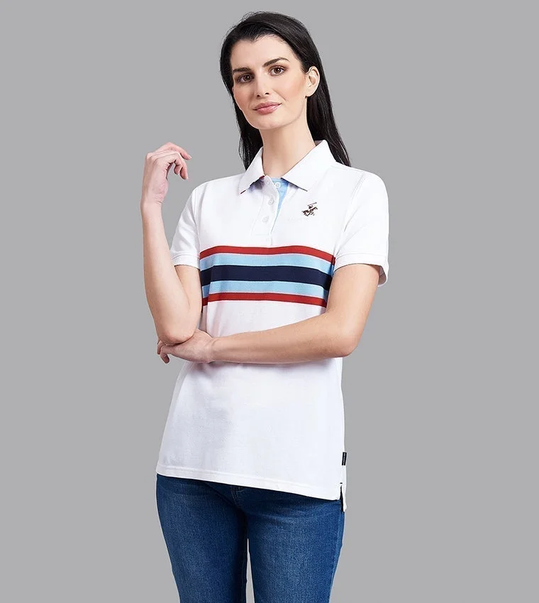 Beverly Hills Polo Club Women White Striped Short Sleeves Polo T-Shirt