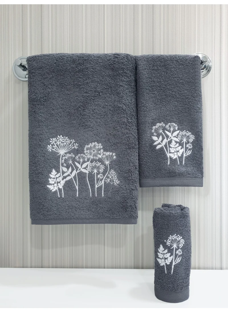 Tanem Home Flower Pattern Embroidered 3 Piece Towel Set 30x50 / 40x60 / 50x90 Cm