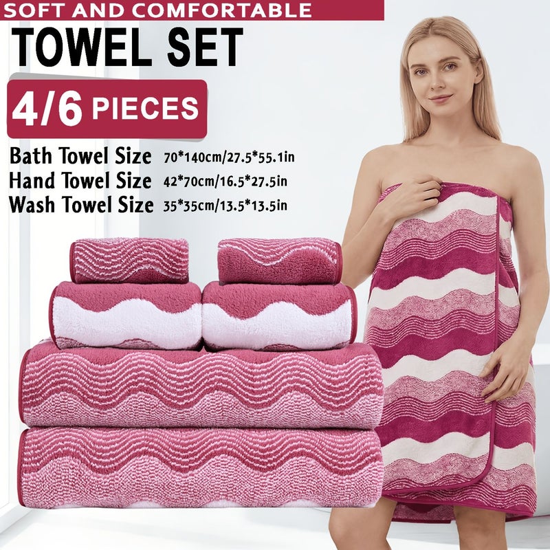 Set Of 6 Coral Fleece Towels Dark Coffee Striped 42 By 27.56 Inch 2 Bath Towels 2 Regular Towels 2 Washcloths - Image 1