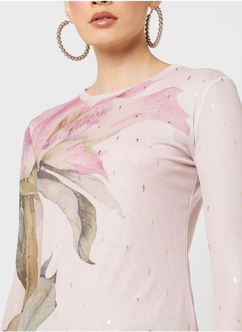 جينجر Mesh Floral Print Long Sleeves Top with Sequin Details