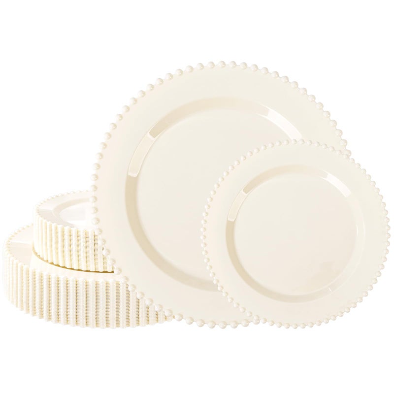 U-QE 60PCS Ivory Plastic Plates - Beaded Ivory Plates Disposable Heavy Duty - Perfect for Party, Baby Shower, Wedding, Birthday - Include 30PCS 10inch Dinner Plate & 30PCS 7inch Dessert Plate - Image 1