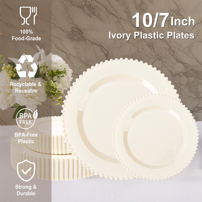 U-QE 60PCS Ivory Plastic Plates - Beaded Ivory Plates Disposable Heavy Duty - Perfect for Party, Baby Shower, Wedding, Birthday - Include 30PCS 10inch Dinner Plate & 30PCS 7inch Dessert Plate - Image 2