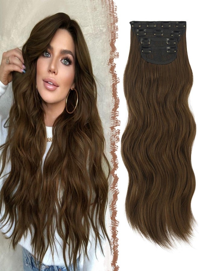 FESHFEN Clip in Hair Extensions 4PCS Chestnut Brown Thick Hair Piece Long Wavy Clip in Extensions Full Head Synthetic Fiber Hairpieces for Women, 20 Inches 180g - Image 1