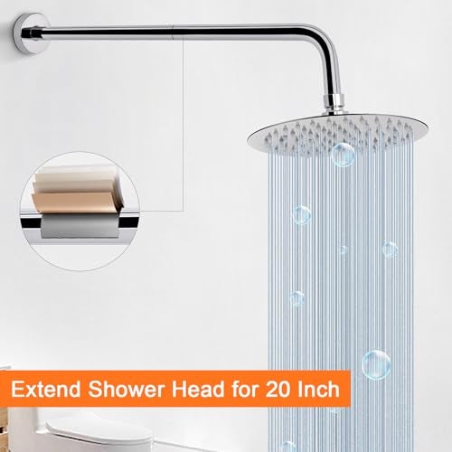 HarJue Shower Arm with Flange and Teflon Tape, Wall Mounted Shower Pipe 304 Stainless Steel Extension Arm for Fixed Shower Head & Handheld (20 Inch, Chrome) - Image 5